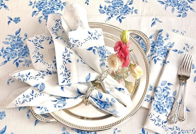Solino Home Printed Linen Napkins – Jolie Fleur, Blue Floral, 20 x 20 Inch, Set of 4, 100% Pure... | Amazon (US)