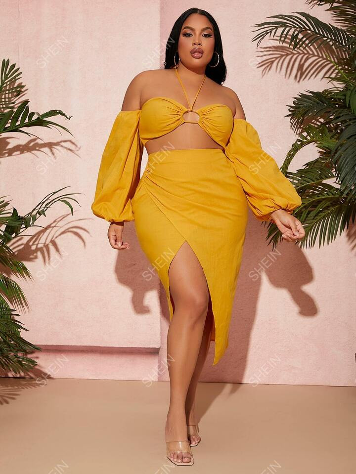 SHEIN SXY Plus Halter Neck Lantern Sleeve Top & Slit Skirt | SHEIN