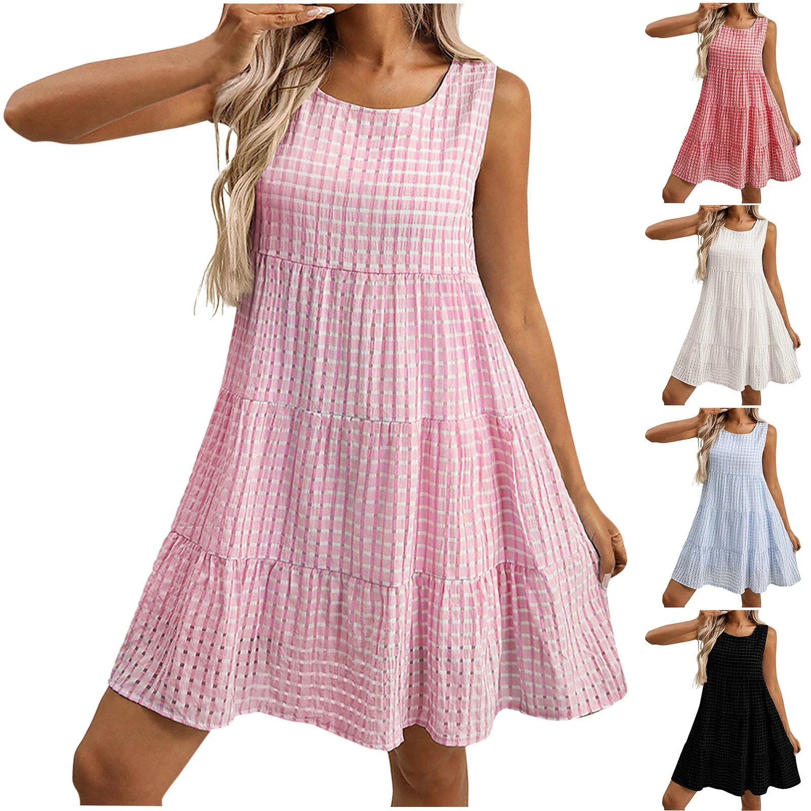 Aboser Gingham Dresses for Women Summer Plaid Sleeveless Tank Dress Trendy Casual Tiered Mini Dre... | Walmart (US)