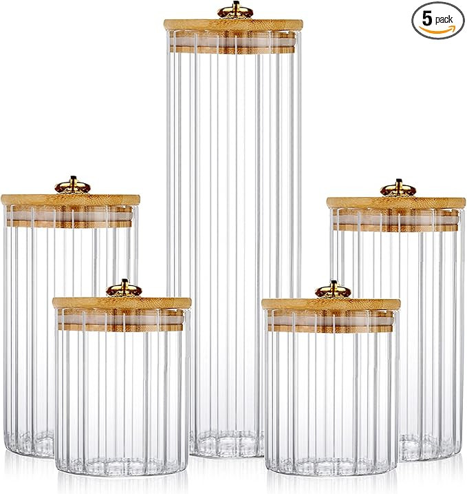 Glass Storage Jars Set of 5, Decorative Coffee Bar Container with Airtight Bamboo Lid Metal Ring ... | Amazon (US)