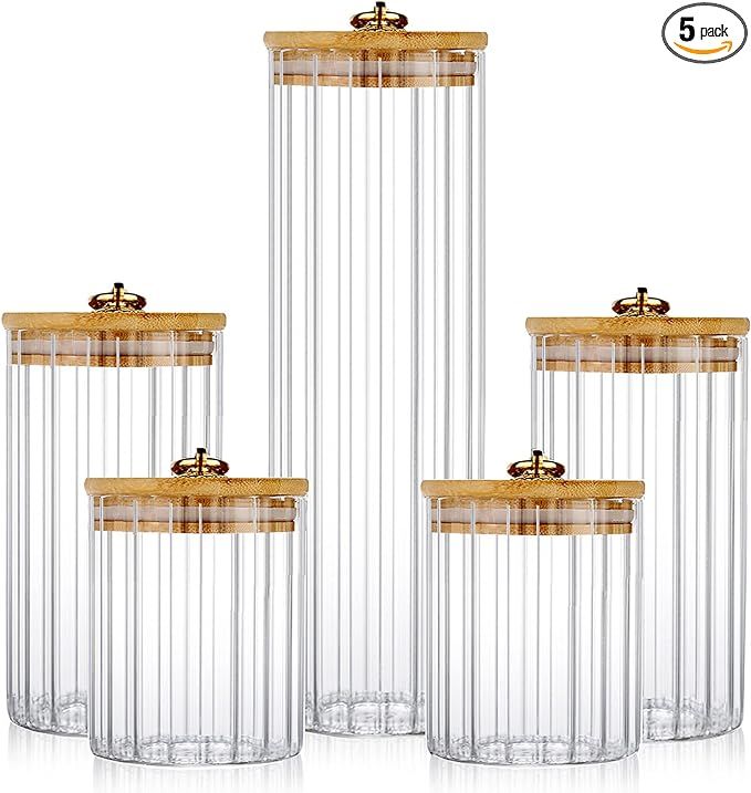 Glass Storage Jars Set of 5, Decorative Coffee Bar Container with Airtight Bamboo Lid Metal Ring ... | Amazon (US)