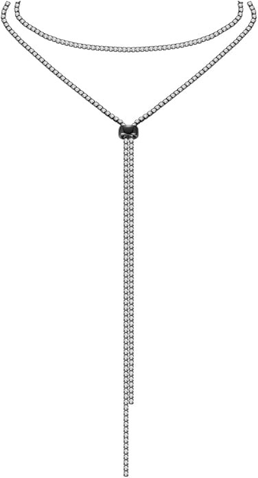 FAMARINE CZ Long Necklace, Rhinestone Bar Y Lariat Necklace Silver Tone for Women Birthday Gift | Amazon (US)
