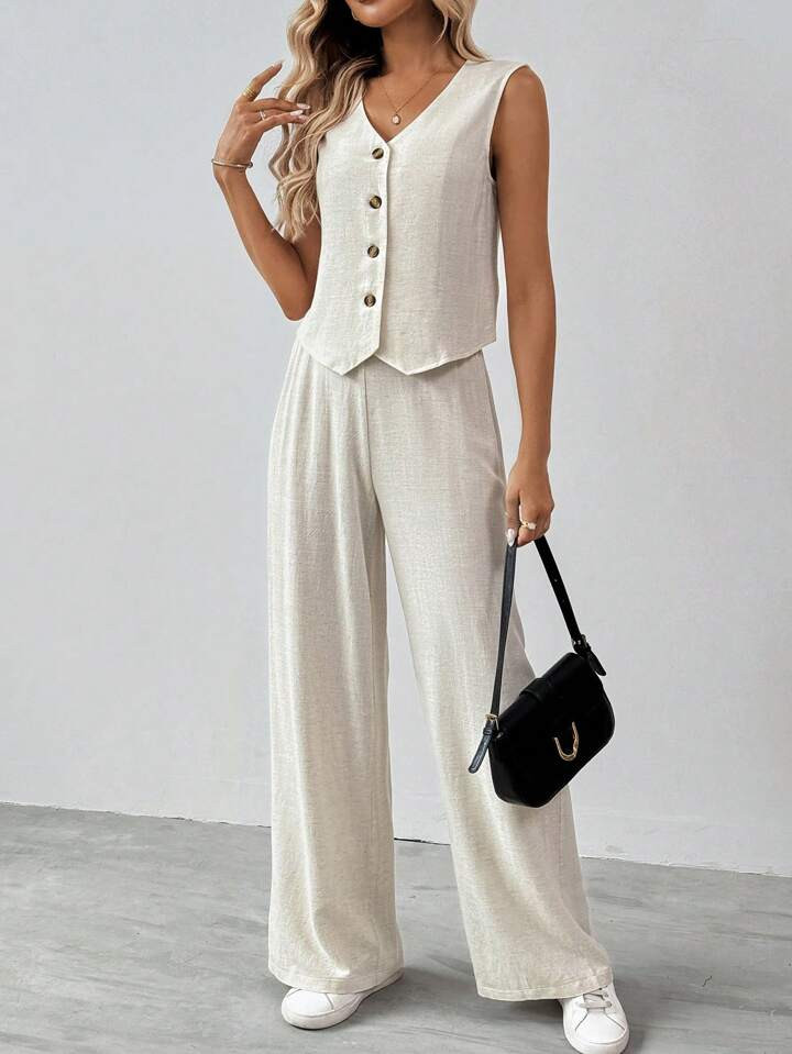 SHEIN Tall Ladies Summer Solid Color Single-Breasted Vest And Wide Leg Pant Suit Loose Vacation 2... | SHEIN