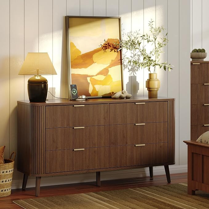 Alohappy Fluted 6 Drawer Dresser with Charging, 57" Wide Wood Dresser TV Stand, Mid Century Moder... | Amazon (US)