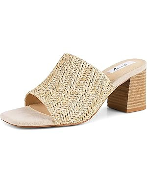 Ancomafio Heeled Sandals for Women，Raffia Sandals 2025 Chunky Heels Square Toe Mules Block Summ... | Amazon (US)