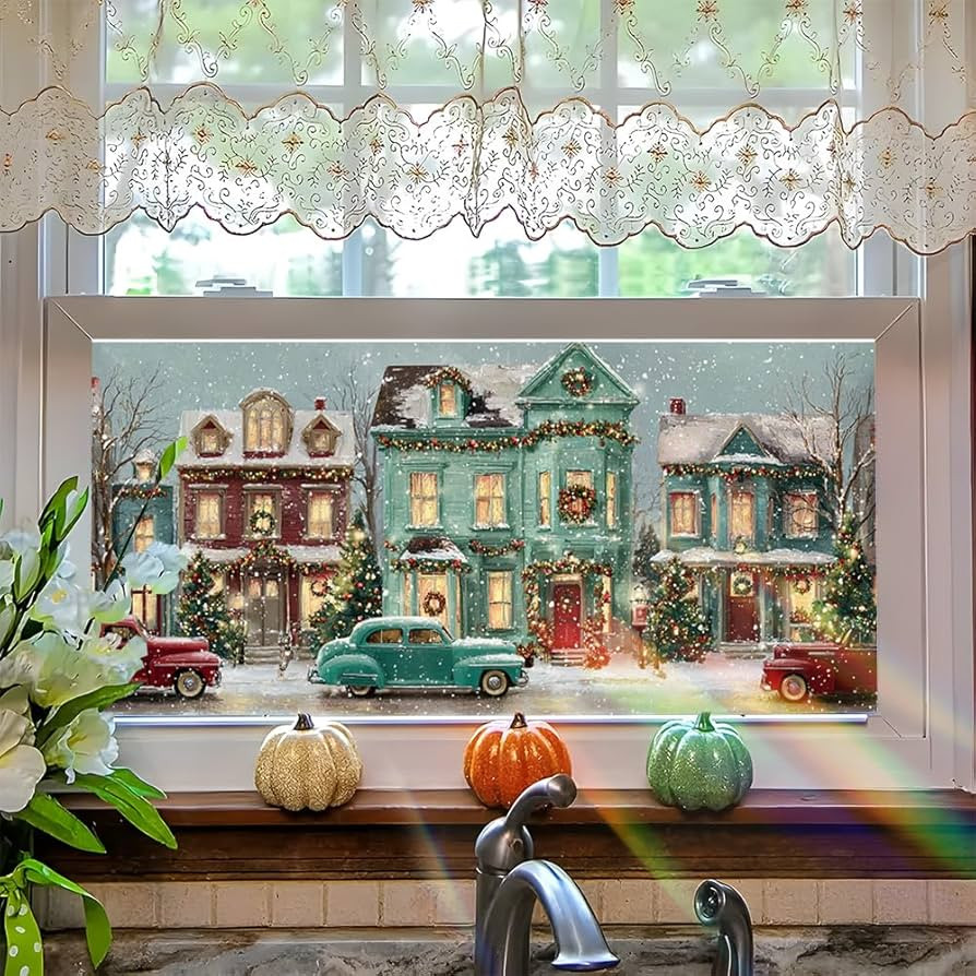 Window Film 39.37 x 17.32 Inch Vintage Christmas Street Scene with Snow Cars and Festive Houses D... | Amazon (US)