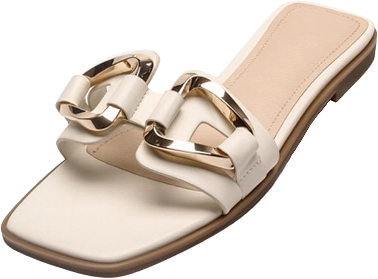 Women's Metal Chain Open Square Toe Slide Sandals Summer Casual Comfortable Slip On Flat Sandals ... | Amazon (US)