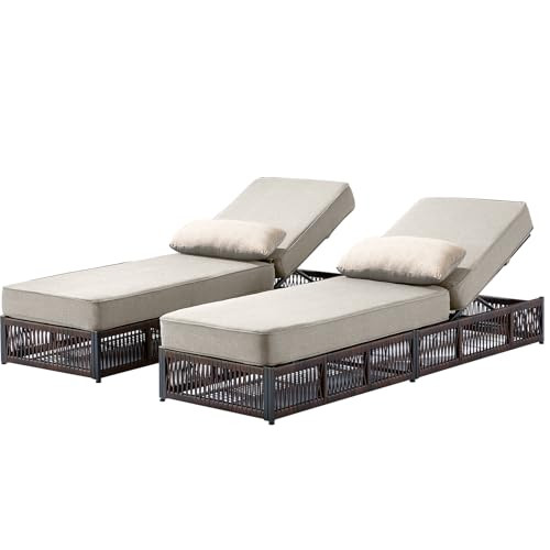 Luxury Outdoor Chaise Lounges with 5 Inch Thickened Cushions - Set of 2 High Back Brown Wicker Pa... | Amazon (US)