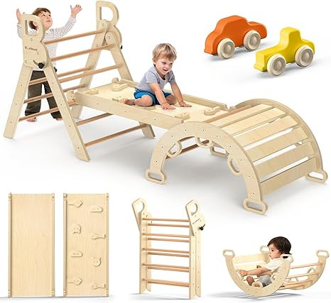 BlueWood Pikler Triangle Set 7-in-1 Foldable Baby Climbing Wooden Toys with Arch&Ramp&Ladder Clim... | Amazon (US)