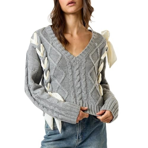 Women Cute Bow Knit Sweater Y2k Ribbon Bow Long Sleeve Knit Pullover Aesthetic Going Out Sweater Coquette Streetwear A Grey | Amazon (US)