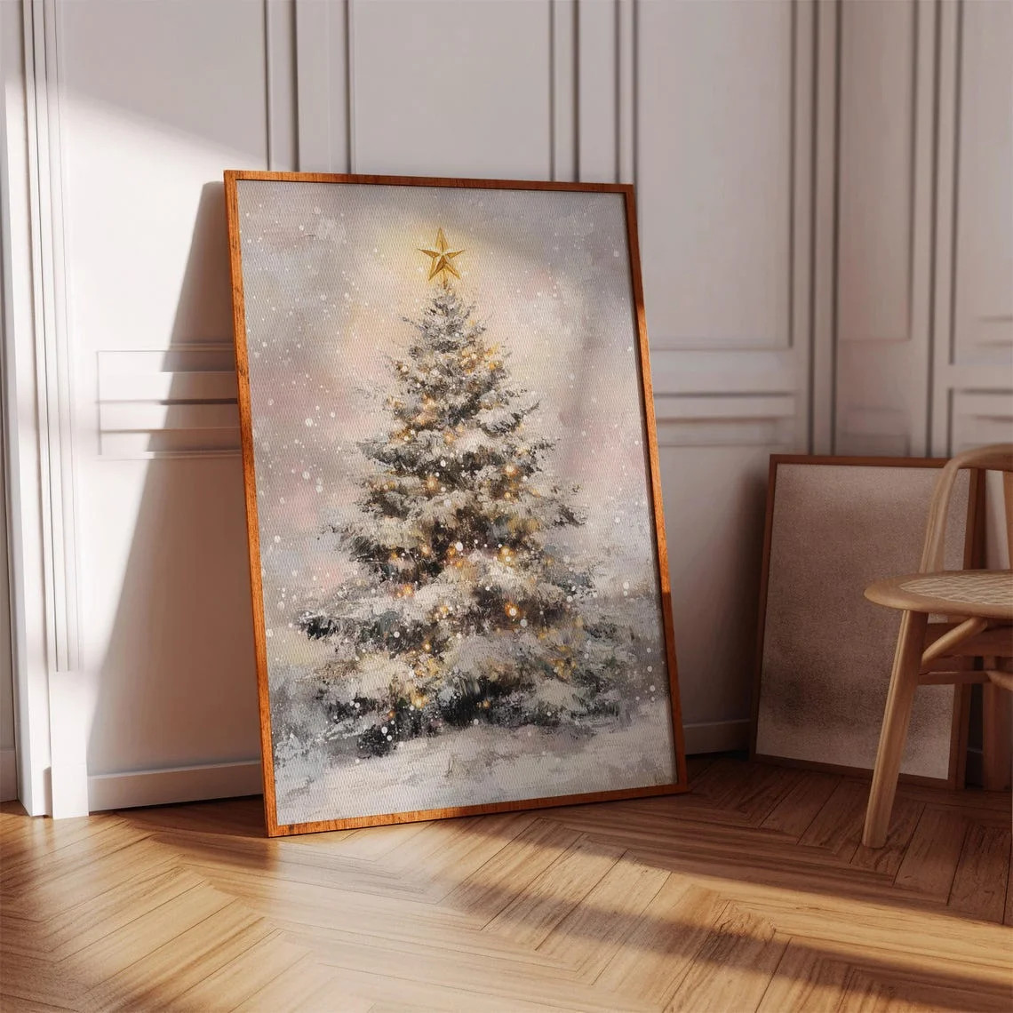Cozy Snowy Tree Print – Glowing Lights And Golden Star Wall Art, Festive Winter Decor For Holid... | Walmart (US)