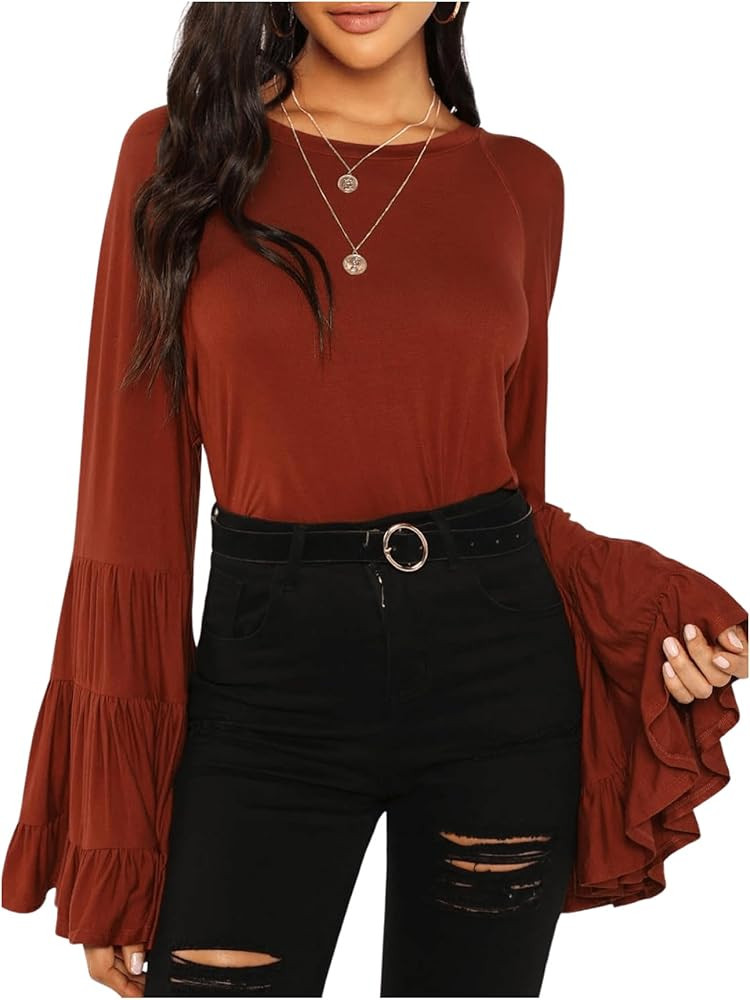 Floerns Women's 70s Western Flowy Bell Sleeve Blouse Tops Shirts | Amazon (US)