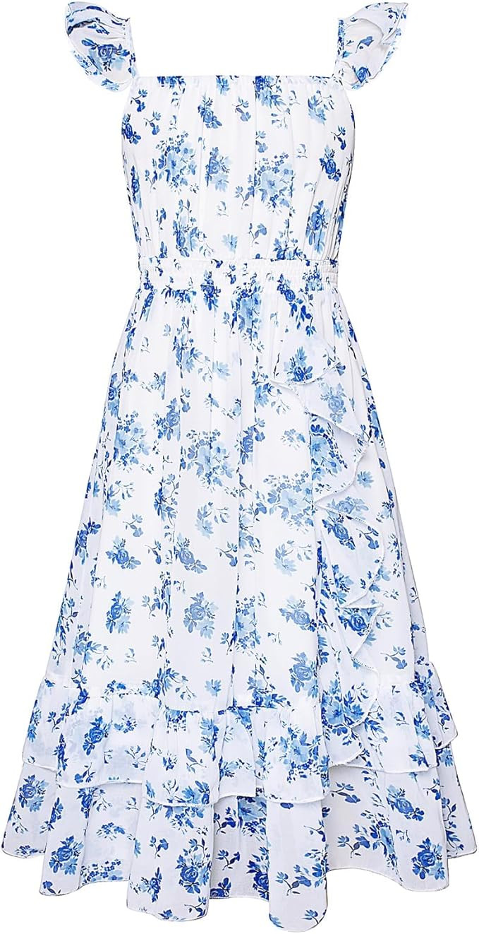 GRACE KARIN Girls Flutter Sleeve Smocked Floral Dresses, Kids Easter Spring Summer Dress, Teen Ha... | Amazon (US)