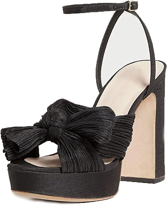 Mattiventon Chunky Platform Sandals for Women Ankle Strap Open Toe Bowknot Heeled Wedding Sandals... | Amazon (US)