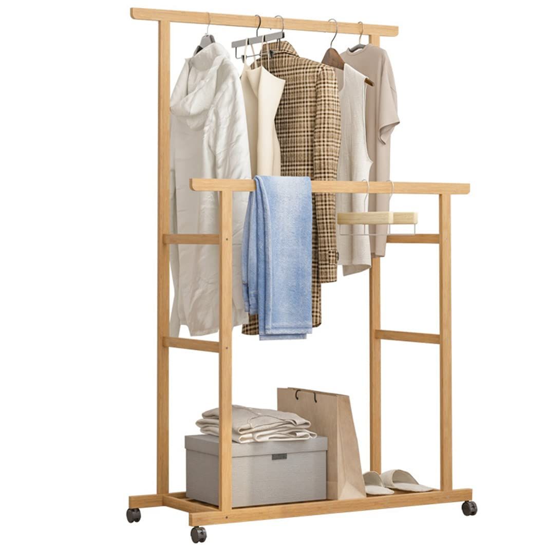 UNHO Bamboo Clothes Rail Rack: Double Hanging Rails Clothes Rack on Wheels Free Standing Garment ... | Amazon (UK)