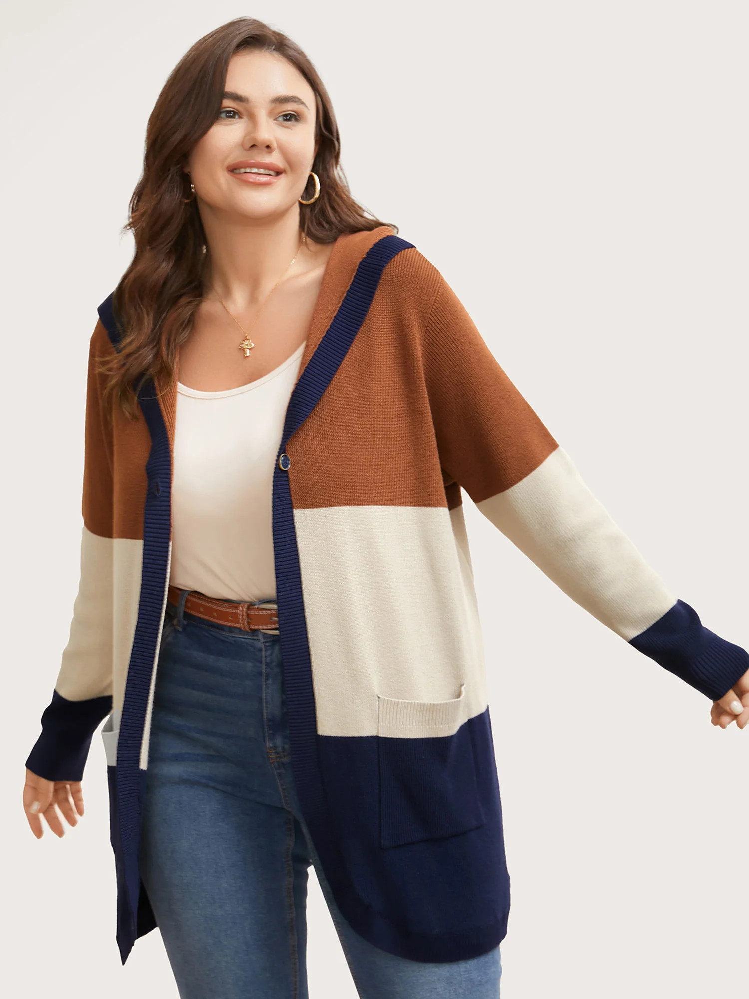Colorblock Contrast Patched Pocket Hooded Cardigan | Bloomchic