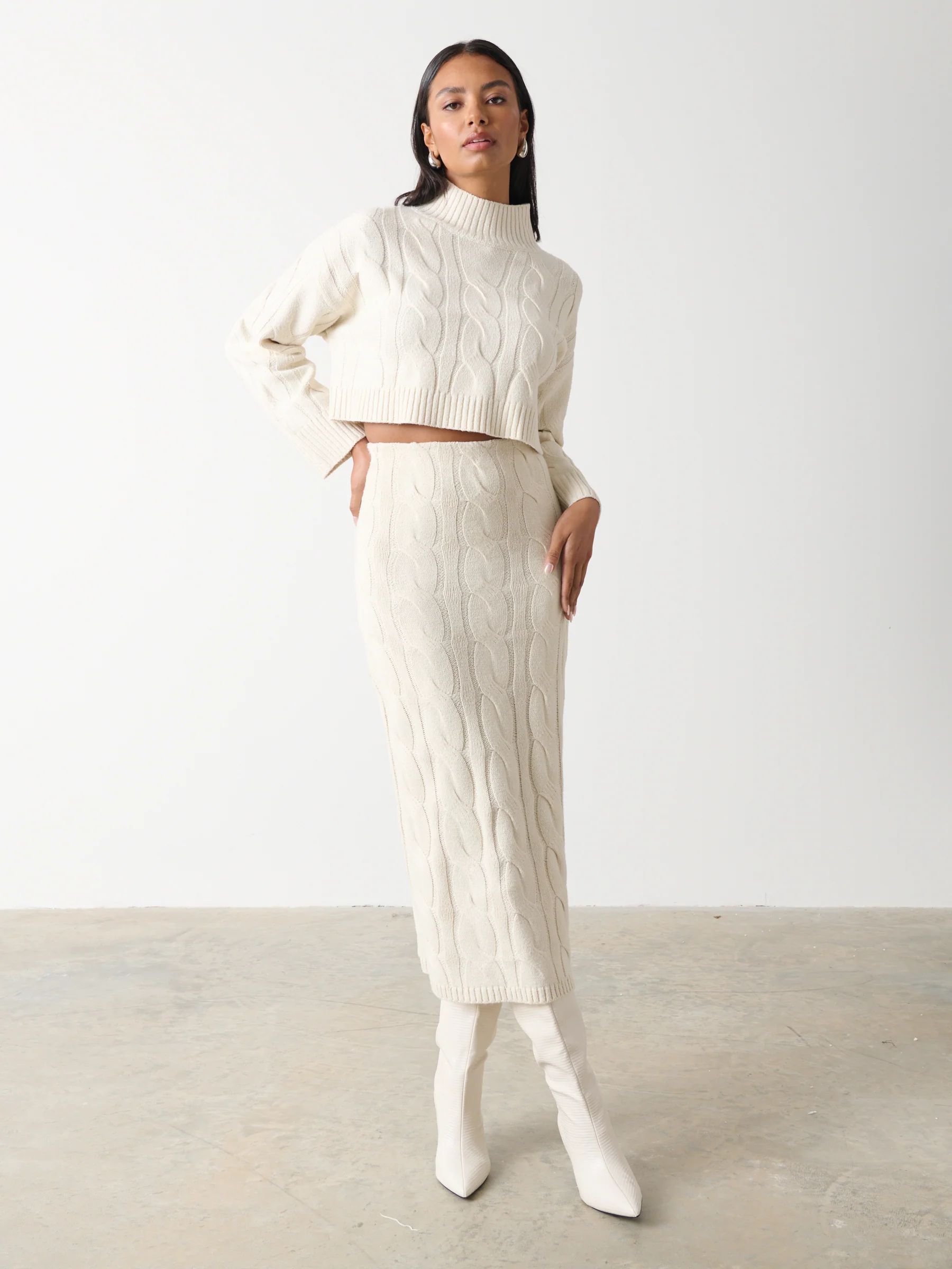 Hunter Cable Knit Midaxi Skirt - Cream | Pretty Lavish (UK)