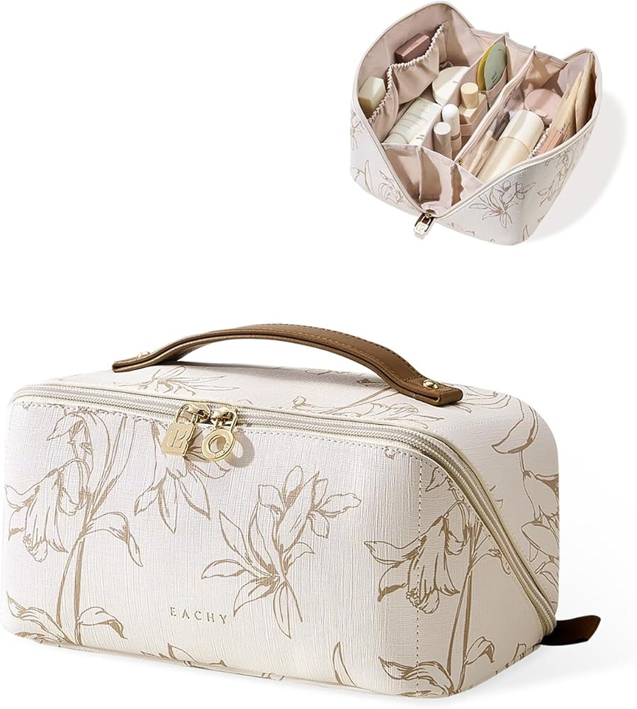 EACHY Travel Makeup Bag,Large Capacity Cosmetic Bags for Women,Waterproof Portable Pouch Open Fla... | Amazon (US)