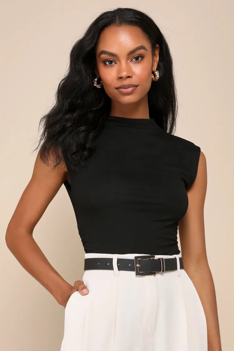 Effortless Reputation Black Mock Neck Ruched Sleeveless Bodysuit | Lulus