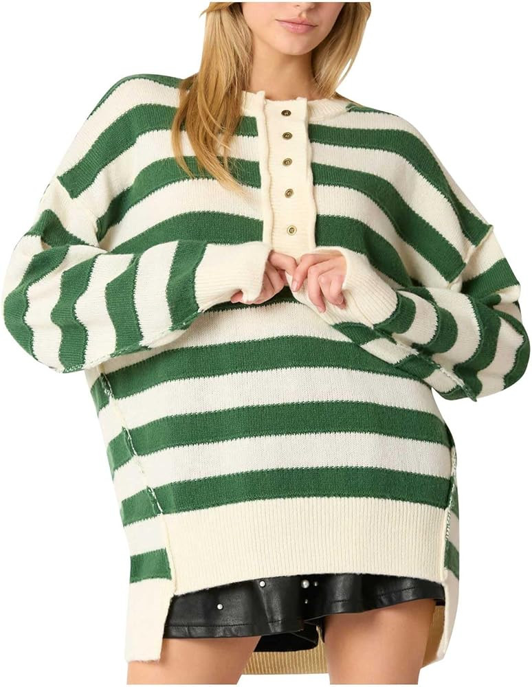 Womens Oversized Sweaters Striped Long Sleeve Pullover Casual Loose Knit Sweater Jumper Fashion T... | Amazon (US)