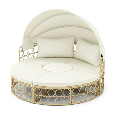 Outdoor Patio Round Daybed With Retractable Canopy Soft Cushions For Garden White | Wayfair North America