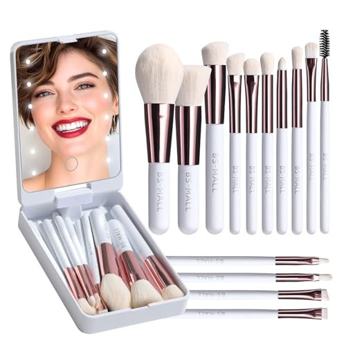 BS-MALL Travel Makeup Brush Set Foundation Powder Concealers Eye Shadows Makeup Set with LED light Mirror 14 Pcs (White)… | Amazon (US)