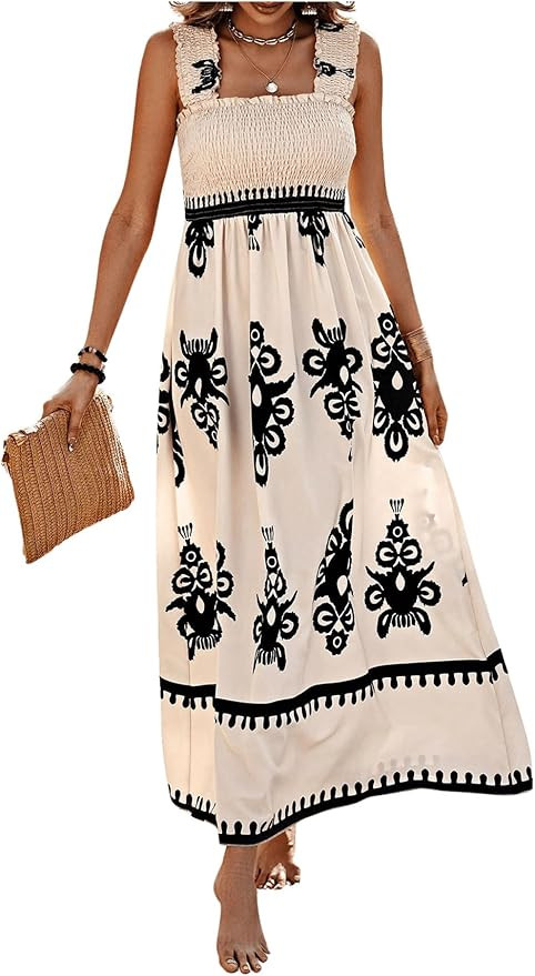 MakeMeChic Women's Summer Beach Boho Dress Casual Floral Spaghetti Strap Square Neck Long Maxi Su... | Amazon (US)
