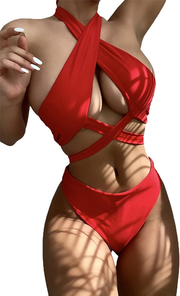 WDIRARA Women's Cut Out Crisscross Tie Side Halter Strap One Piece Swimsuit | Amazon (US)