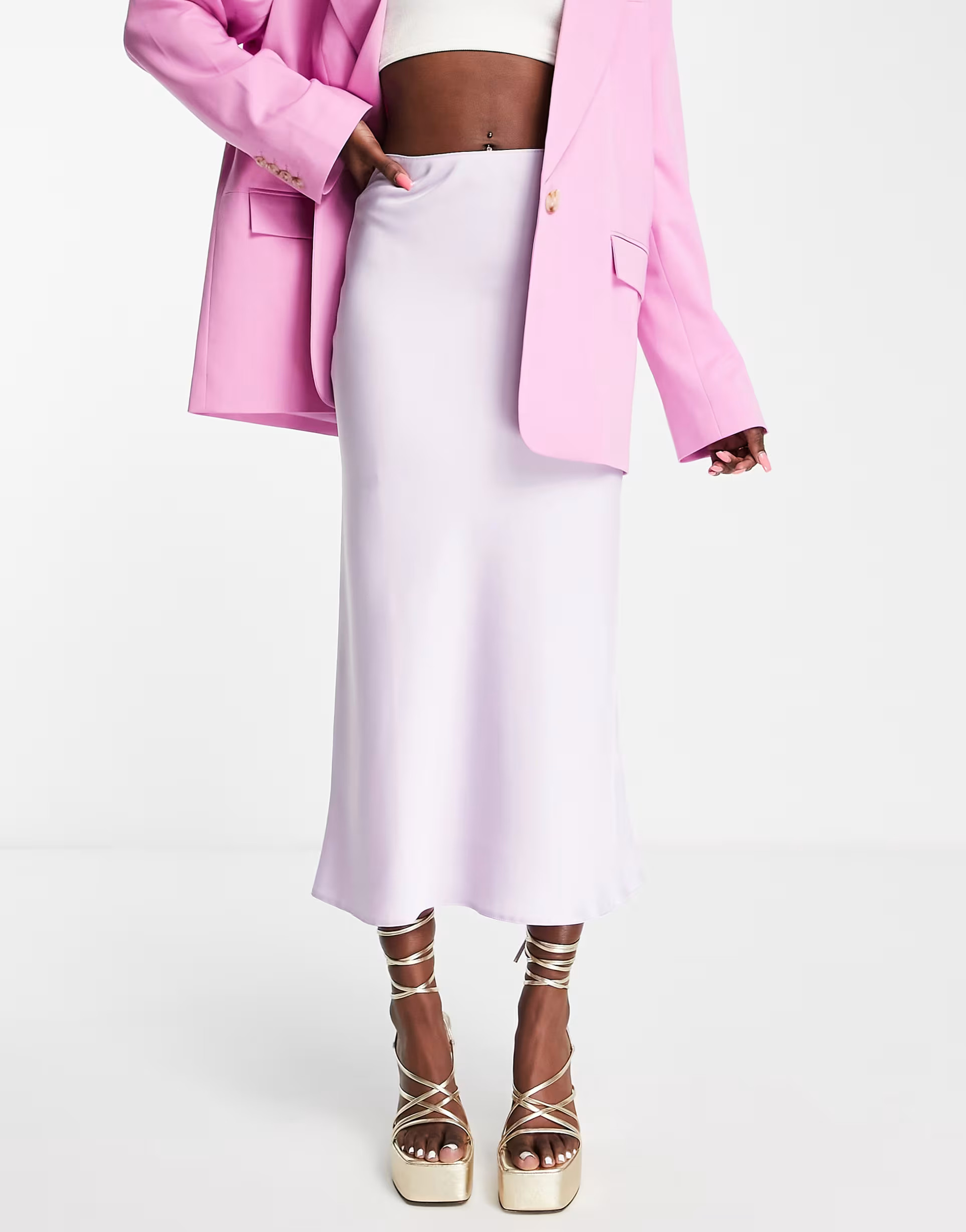 ASOS DESIGN satin bias midi skirt in pastel lilac | ASOS (Global)