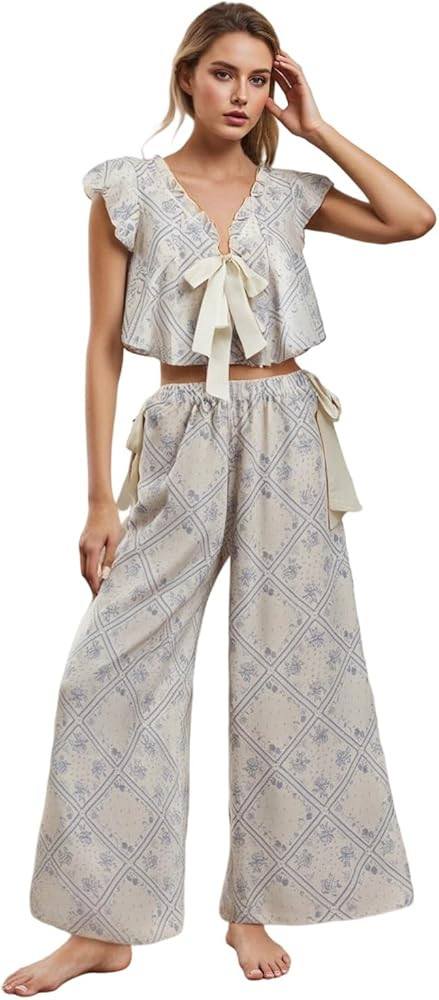 Women Ruffle Pajama Set Bow Tie Front Tank Top and Wide Leg Pants Pajama Set Cute 2 Piece Floral ... | Amazon (US)