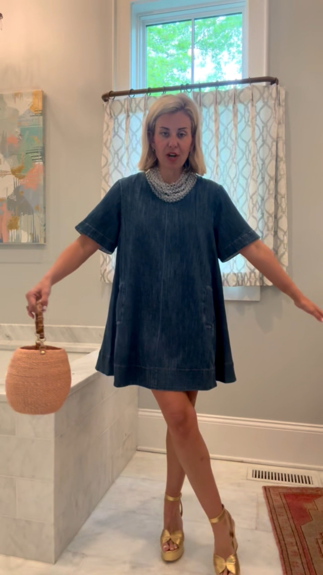 Showing you exactly how I would dress up this adorable denim dress! I’m wearing xs and 8 heel. ￼