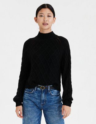AE Mock Neck Cable Knit Sweater | American Eagle Outfitters (US & CA)