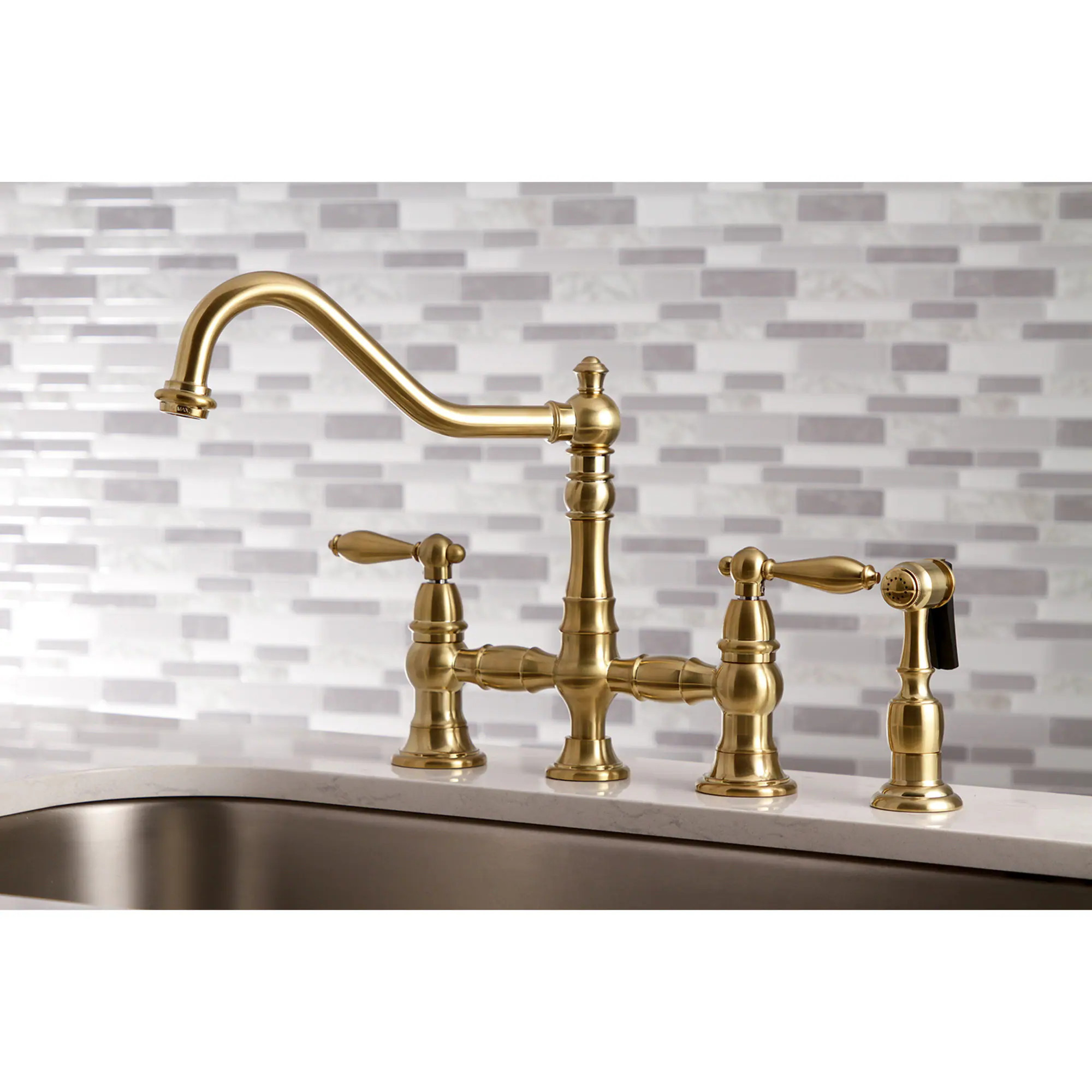 Kingston Brass Restoration Brushed brass Double Handle Deck-mount Bridge Kitchen Faucet with Sprayer (Includes Side Sprayer) | WLKS3277ALBS | Lowe's