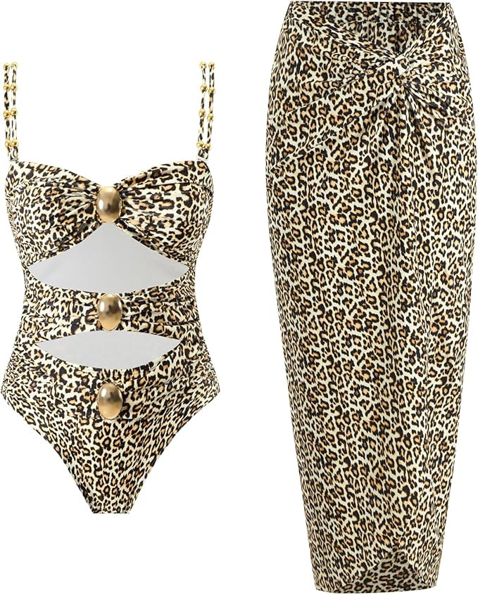 Women's One Piece Swimsuit with Cover up Set Beach Wrap Skirt Retro Bikini Set Two Piece Bathing ... | Amazon (US)