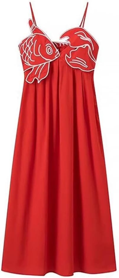 Women's Red Embroidered Strap Dress Solid Color Casual Loose Simple Sleeveless Dress | Amazon (US)