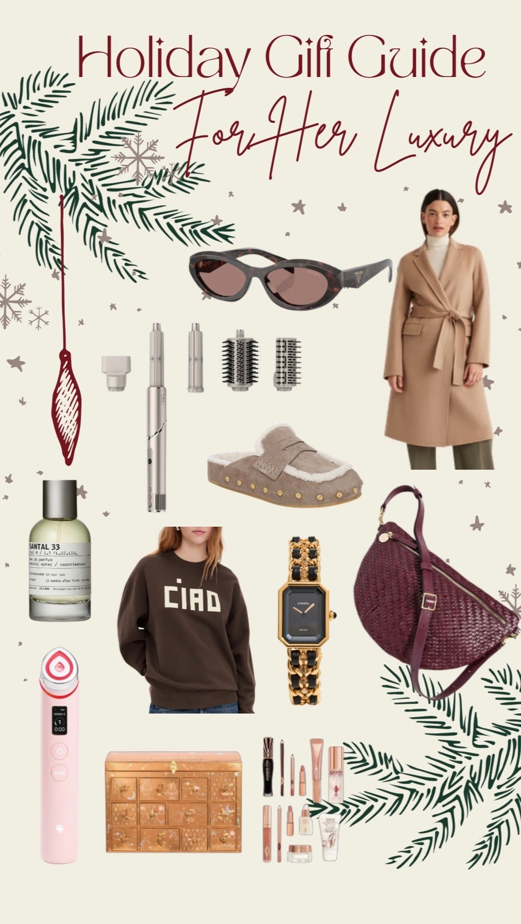 Holiday gift guide for her the luxury edition! 

Prada sunglasses, wool wrap jacket, Dyson air wrap, le labo santal 33 perfume, genuine sherling studded shoes, Clare v. Crewneck, Chanel watch, large Clare v weaved crossbody (a personal favorite), medicube multi device (another personal fav!), Charolette tilbury advent calendar. 

Holiday gift guide | Christmas gift | gifts for her | luxury gifts | holiday | present 
Follow @mimipluswill for more!

#LTKGiftGuide #LTKStyleTip #LTKHoliday