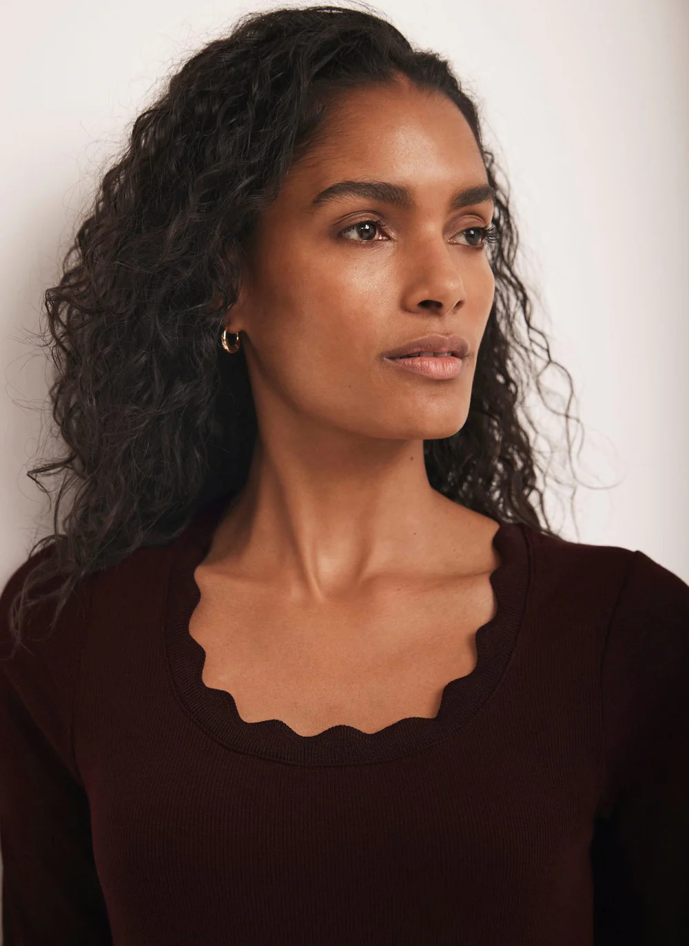 Burgundy Scallop Trim Midi Dress | Mint Velvet