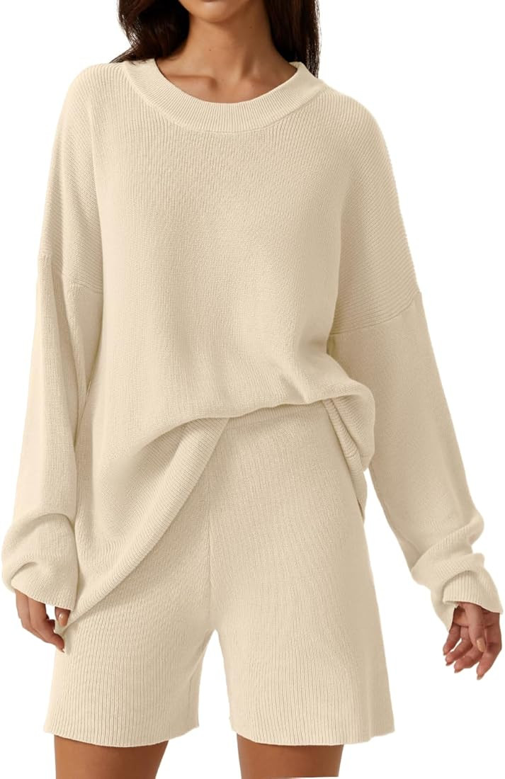 Lounge Set for Women Long Sleeve Pullover Sweater with Shorts Two Pieces Loungewear | Amazon (US)