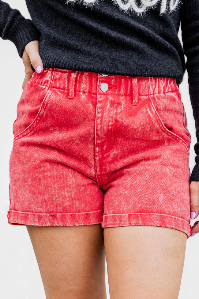 Just What You Need Red Paperbag Waist Acid Wash Shorts | Pink Lily