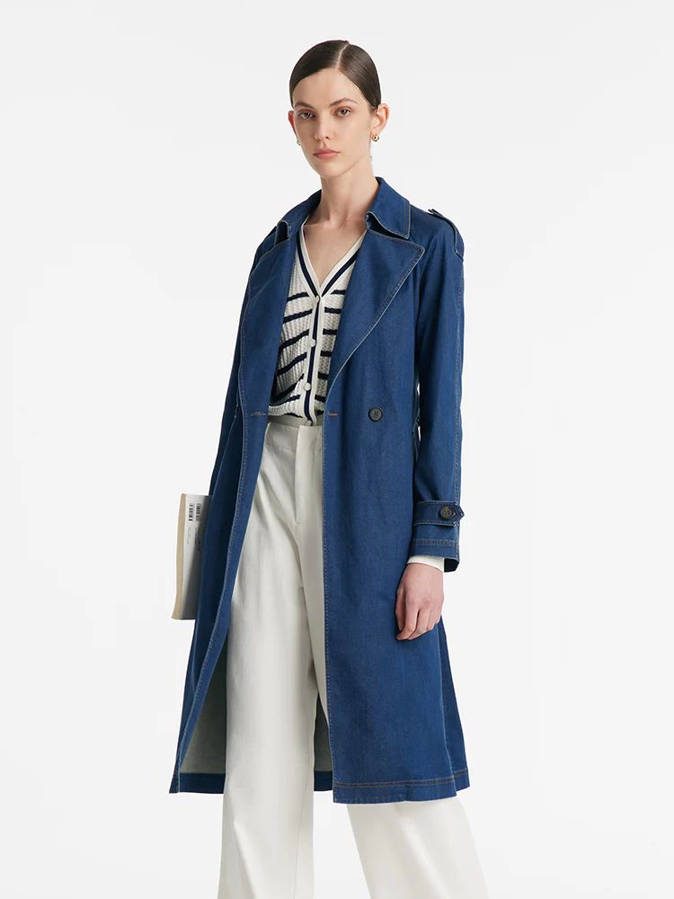 Denim Lapel Women Trench Coat With Belt | GOELIA