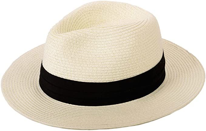 Sun Straw Hats for Womens Panama Hat Summer Beach Wide Brim Floppy Fedora Cap UPF50 | Amazon (US)