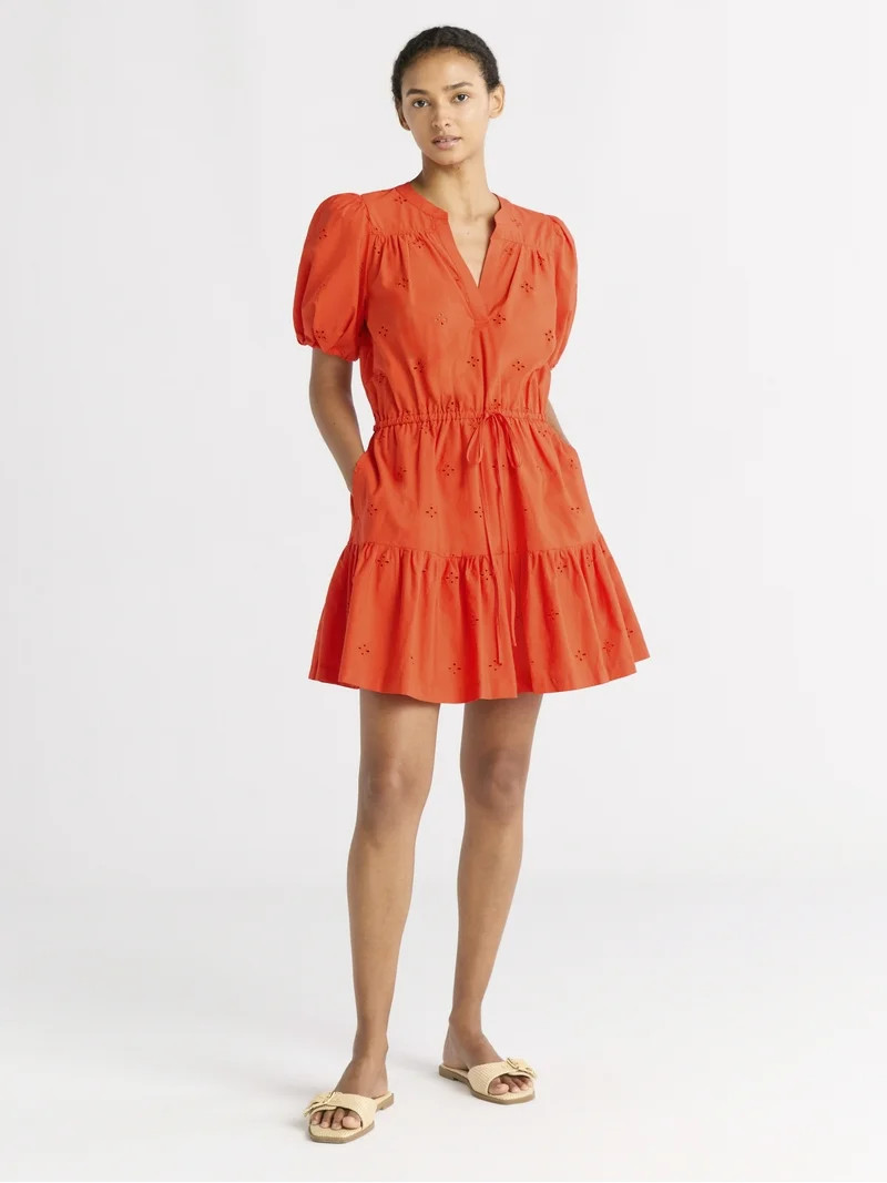 Free Assembly Women's and Women's Plus Cotton Eyelet Tiered Mini Dress with Puff Sleeves, Sizes X... | Walmart (US)