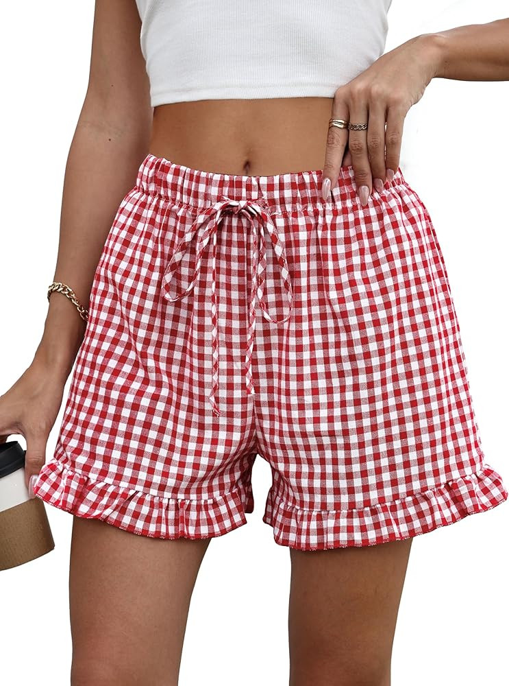 Womens Ruffle Boxer Shorts Cotton Pajama Gingham Summer Lounge Sleep Plaid Y2K Beach Casual Botto... | Amazon (US)