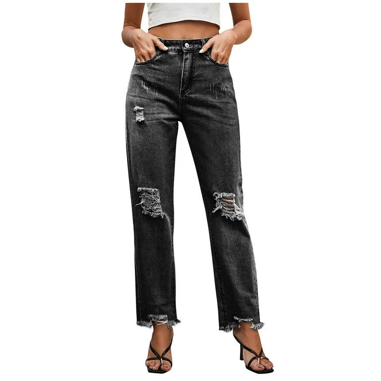 REALiKUN Women's Bootcut Jeans Ripped Mid Rise Stretchy Cut Out Hem Denim Jeans - Walmart.com | Walmart (US)