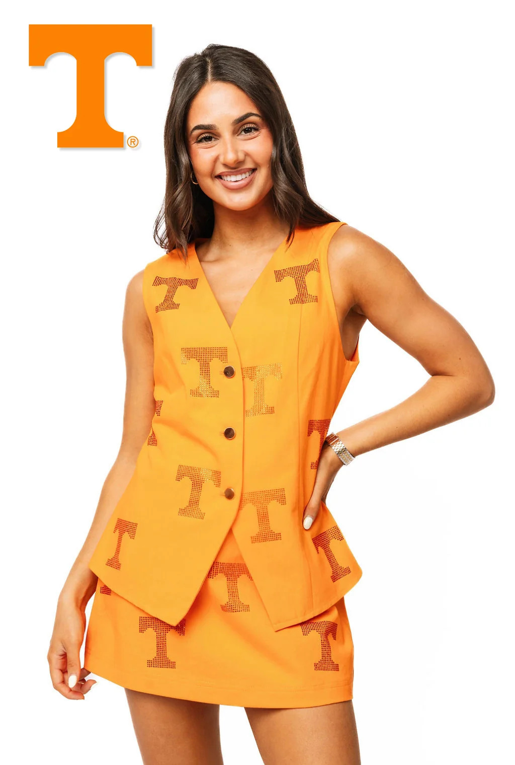 Licensed Tennessee Tonal Rhinestone Scattered Abbreviation Button Up V | Queen of Sparkles