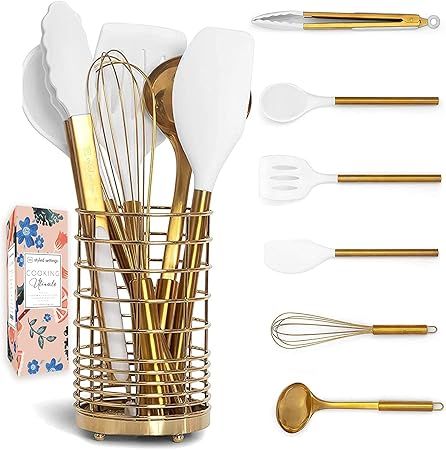 White Silicone and Gold Cooking Utensils Set with Gold Utensil Holder: 17PC Set Includes White & ... | Amazon (US)