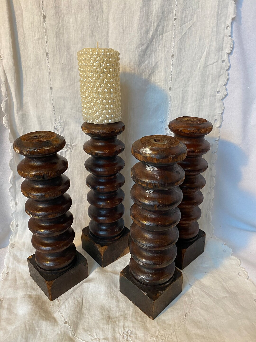 Pair (2) 10" Antique Heirloom Bobbin Spindle Bed Jenny Salvage Architecture Pieces / Candle Holde... | Etsy (US)