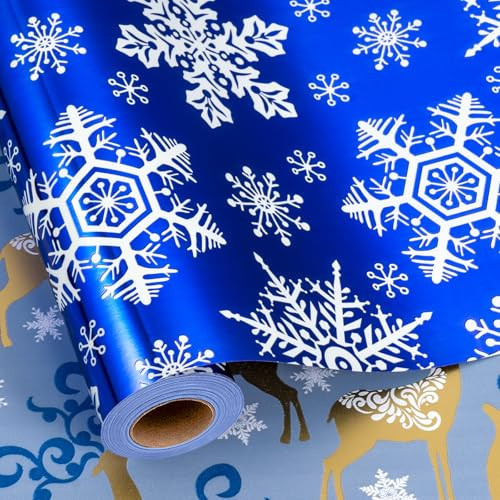 Yarcony Blue Christmas Wrapping Paper Roll, Snowflake Wrapping Paper, Navy Blue and White Snowflake, Deer Winter Theme Christmas Gift Wrap for Holiday, Gift Packaging (Mini Roll, 17 Inch X 33 Feet) | Amazon (US)