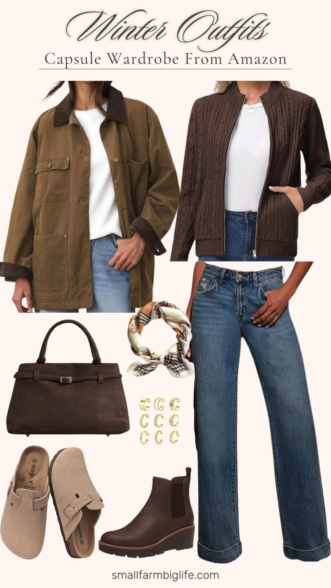 Cozy winter layers from Amazon 🤎❄️ A brown barn jacket over a zip front cardigan and wide leg jeans makes the easiest everyday outfit. Finished with brown ankle boots or tan suede clogs, a silk scarf, gold ear cuffs, and a brown handbag for a polished, laid back look. 

 #LTKootd #LTKOver40 #LTKFindsUnder50