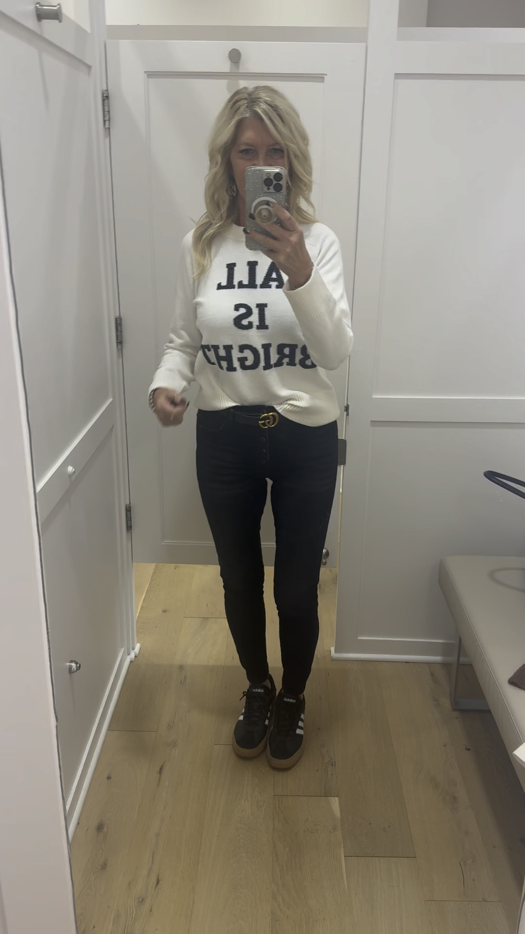 Ready for the holidays featuring the softest All is BRIGHT sweater. I’m wearing a medium for a loose fit. I sized up one.

Pair with black or blue denim. Wear with a black skirt easily too. 
Dress up with boots or casual with sneakers. 

50% off today! 

#LTKSaleAlert #LTKOver40 #LTKFindsUnder50